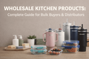 Wholesale kitchen products banner featuring tumblers, food storage containers, and bath items for bulk buyers and distributors
