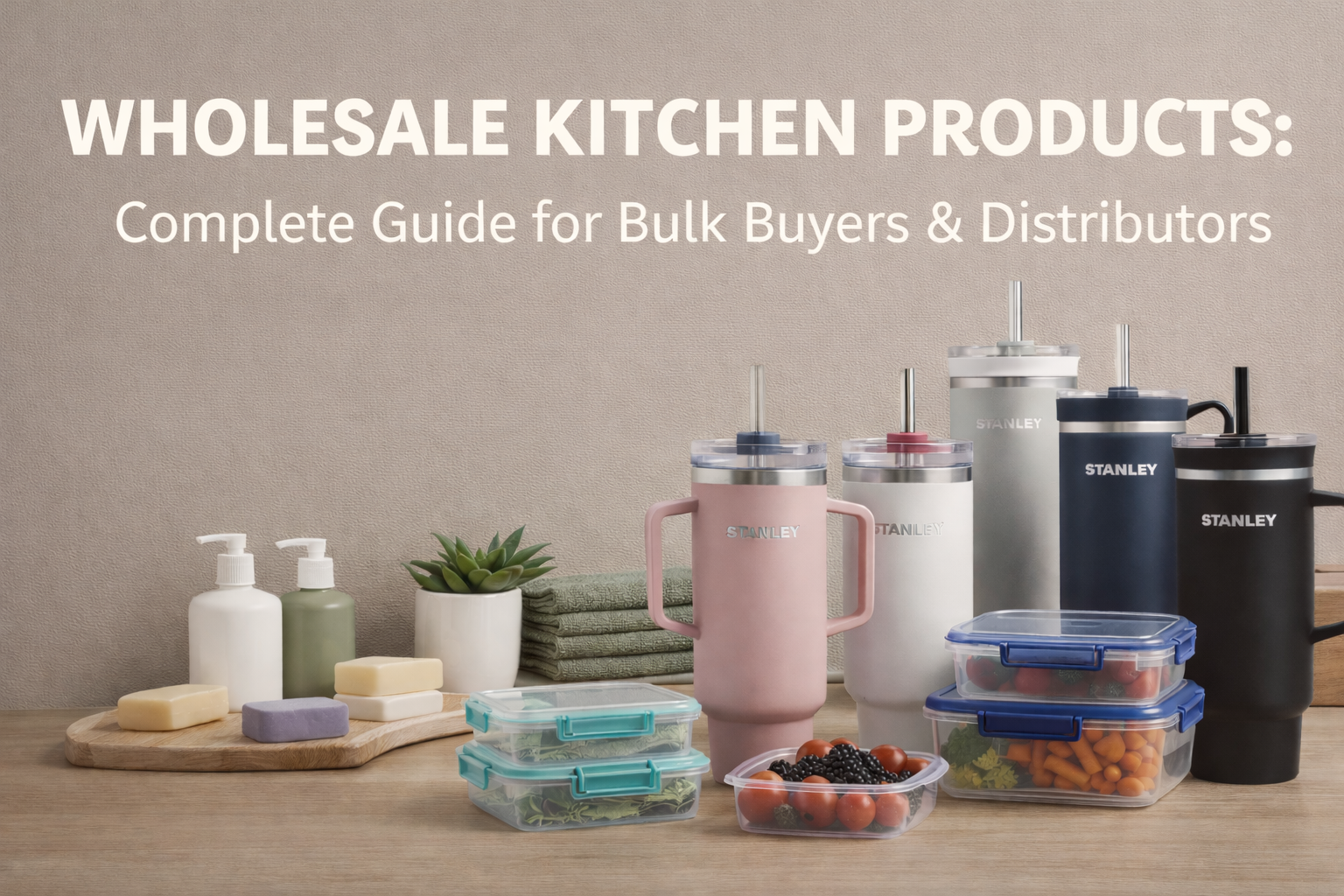 Wholesale kitchen products banner featuring tumblers, food storage containers, and bath items for bulk buyers and distributors