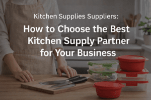 Kitchen supplies suppliers blog banner showing food storage containers and kitchen tools for wholesale and Amazon FBA distributors