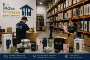 The Kitchen Wholesale USA warehouse with workers and wholesale kitchen supplies for Amazon FBA ✅