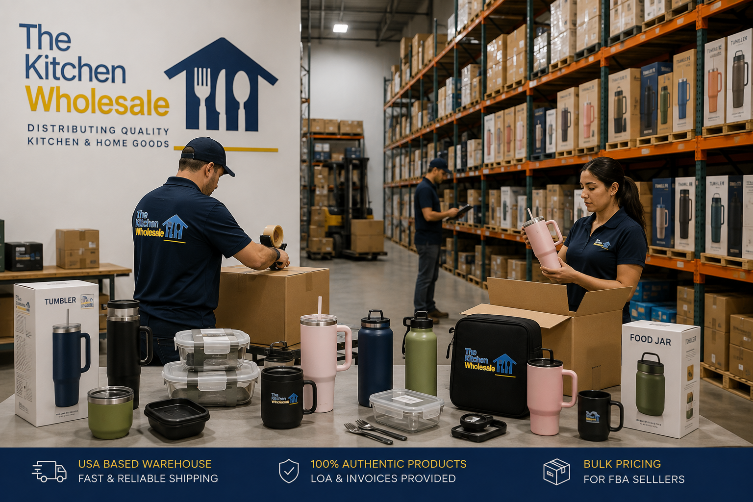 The Kitchen Wholesale USA warehouse with workers and wholesale kitchen supplies for Amazon FBA ✅