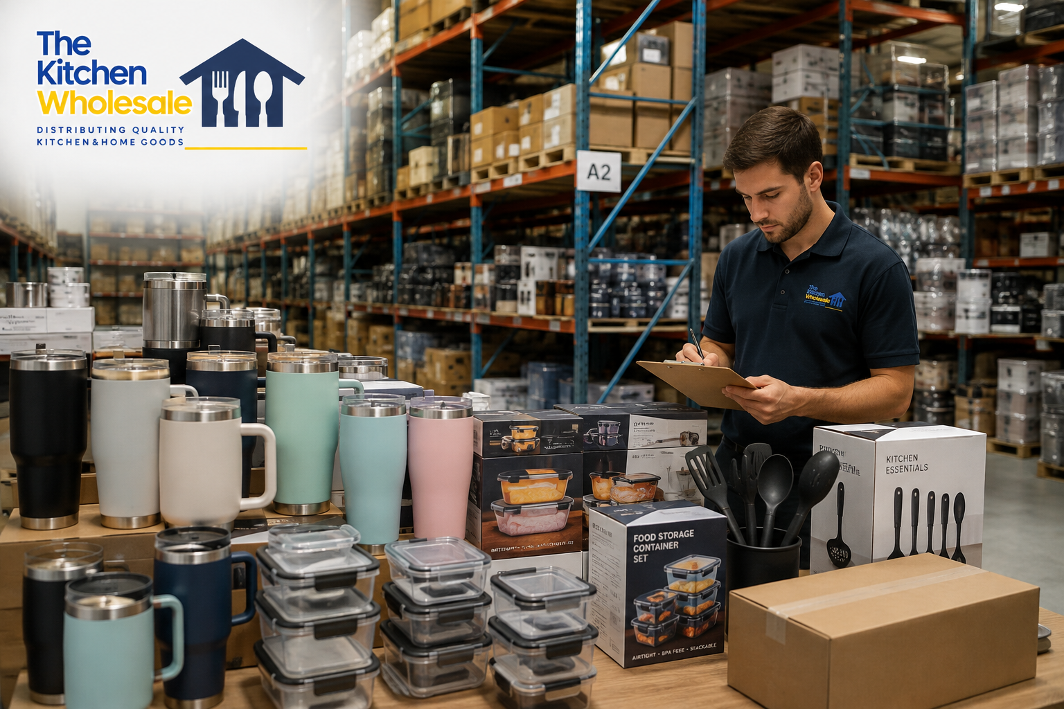 The Kitchen Wholesale warehouse featuring bulk insulated tumblers, food storage containers, kitchen utensils, and wholesale kitchen essentials inventory.